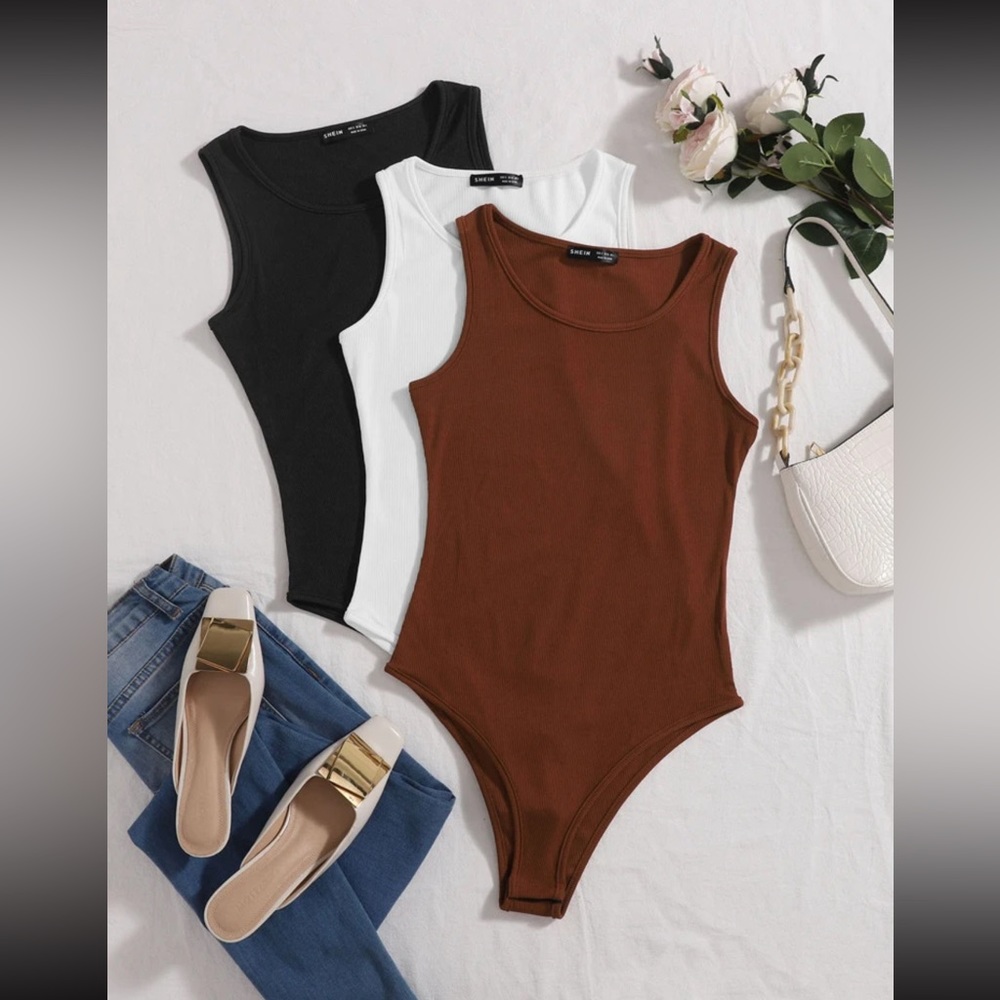 Shein pack of 3 ribbed bodysuits!! Colors: black, white, brown! Size: L